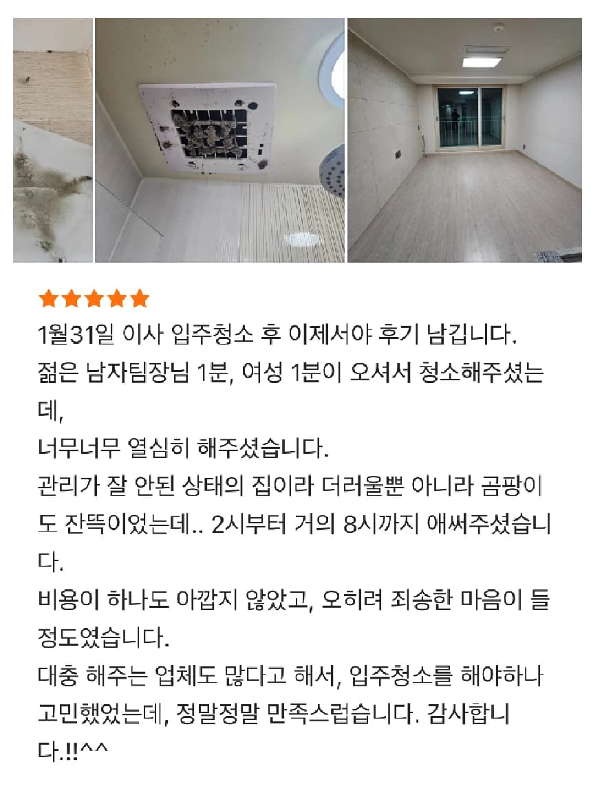 곰팡이와 먼지 청소에 대한 다이렉트클린 고객 후기